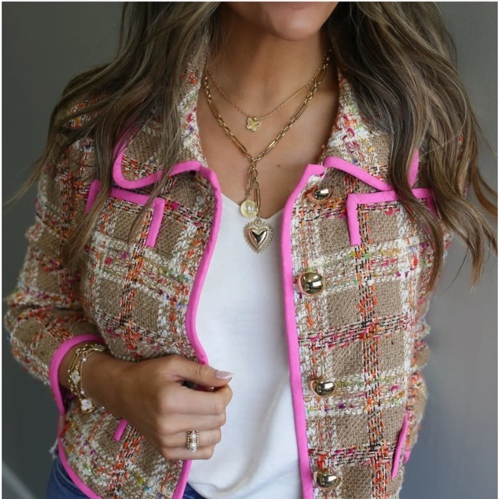 Kate Spade New York Brown Pink Plaid Tweed Silk Blend Cropped Jacket Size 4
